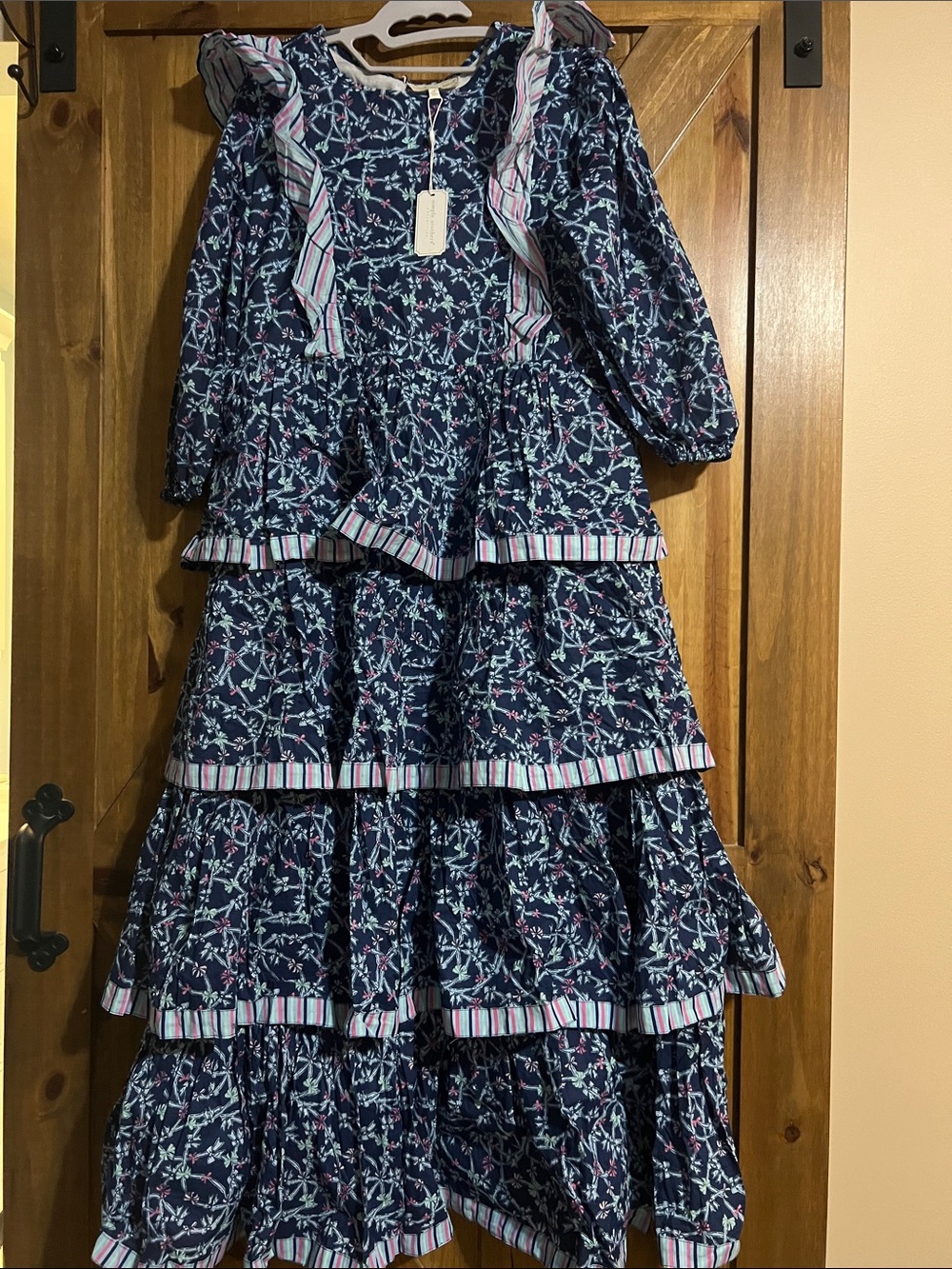 Simply Southern Navy Floral Tiered Maxi Dress with Striped Trim NWT Med